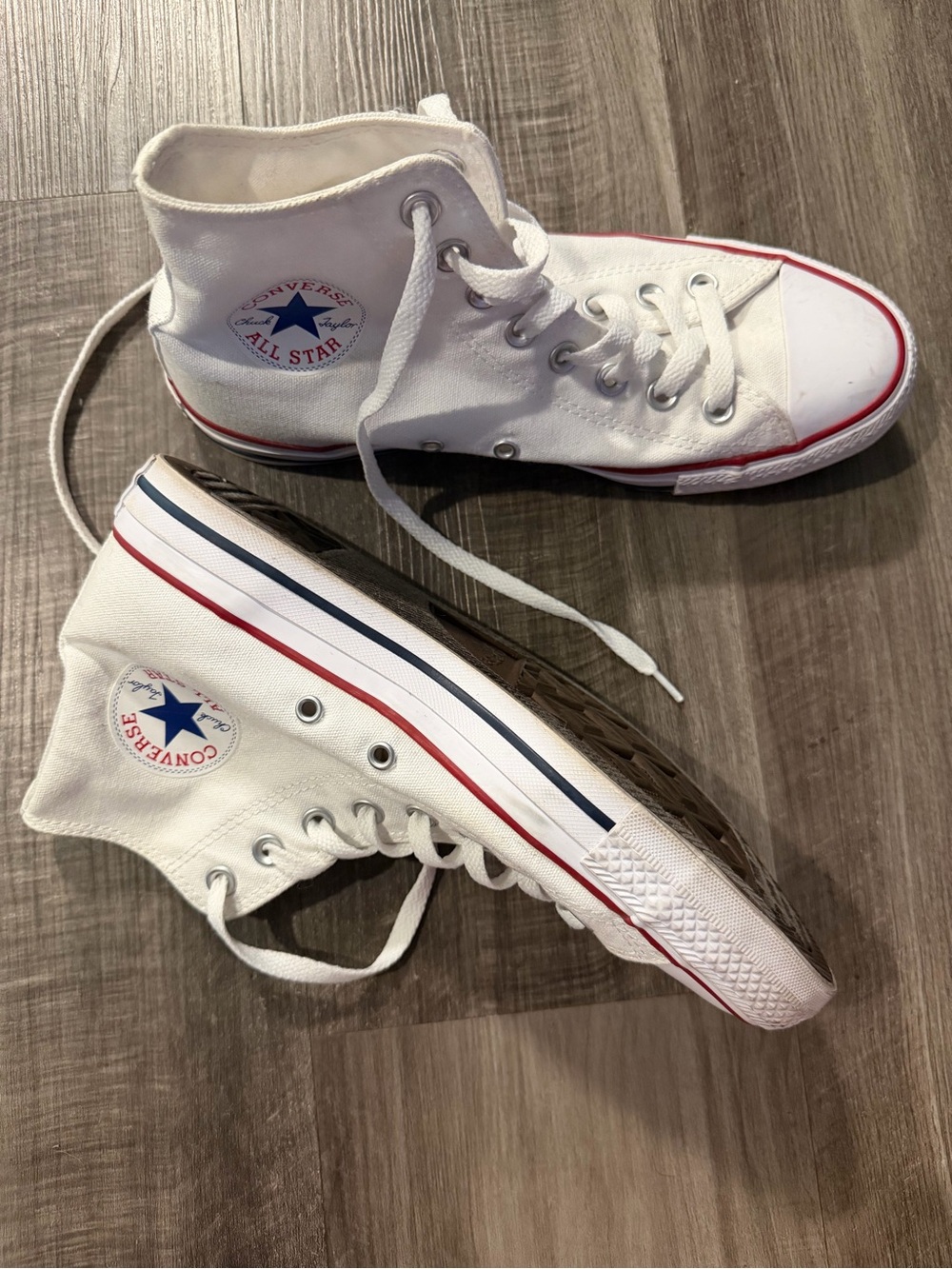Converse Kids White High Top Sneakers with Red & Blue Trim